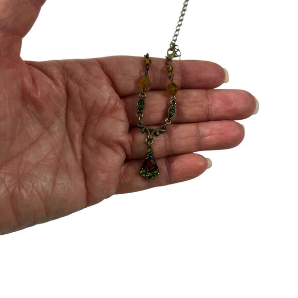 1928 Antiqued Brass Tone Necklace Green Rhinestones Amber Glass Teardrop Pendant - Picture 4 of 7